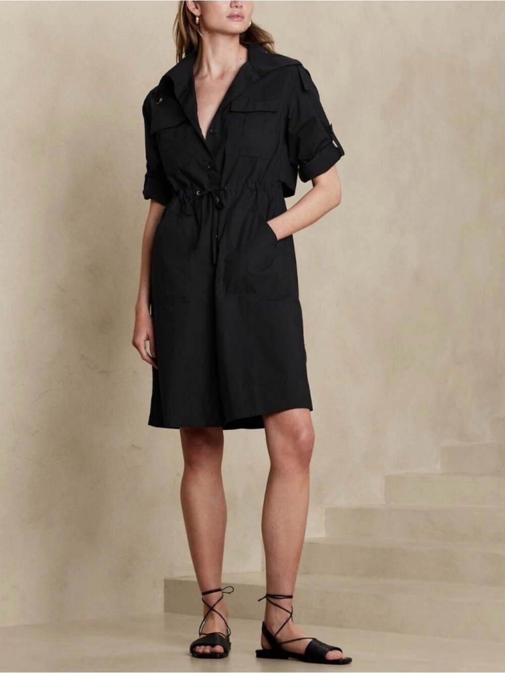 BANANA REPUBLIC Black Trench-Back Shirtdress Long Sleeves Button Down Dress Sz L